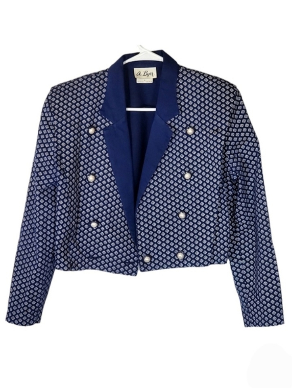 7048 * A. Byer Vintage Crop Jacket Square Pattern Navy Blue Size L 80s